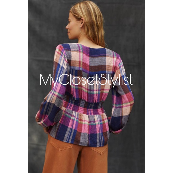 Anthropologie Pilcro Plaid V Neck Blouse NWT! Small Pink Top sold out - Picture 5 of 6